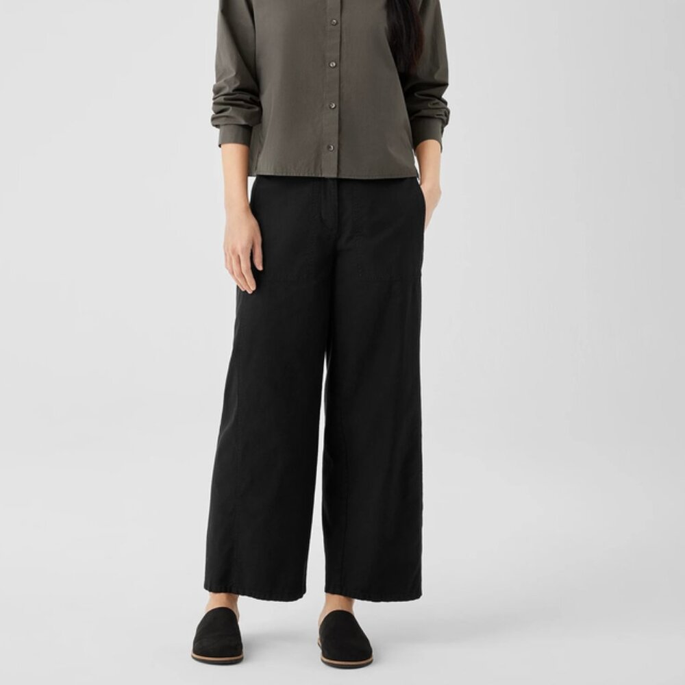 Eileen Fisher Cotton Hemp Stretch Wide-Leg Pant L Black